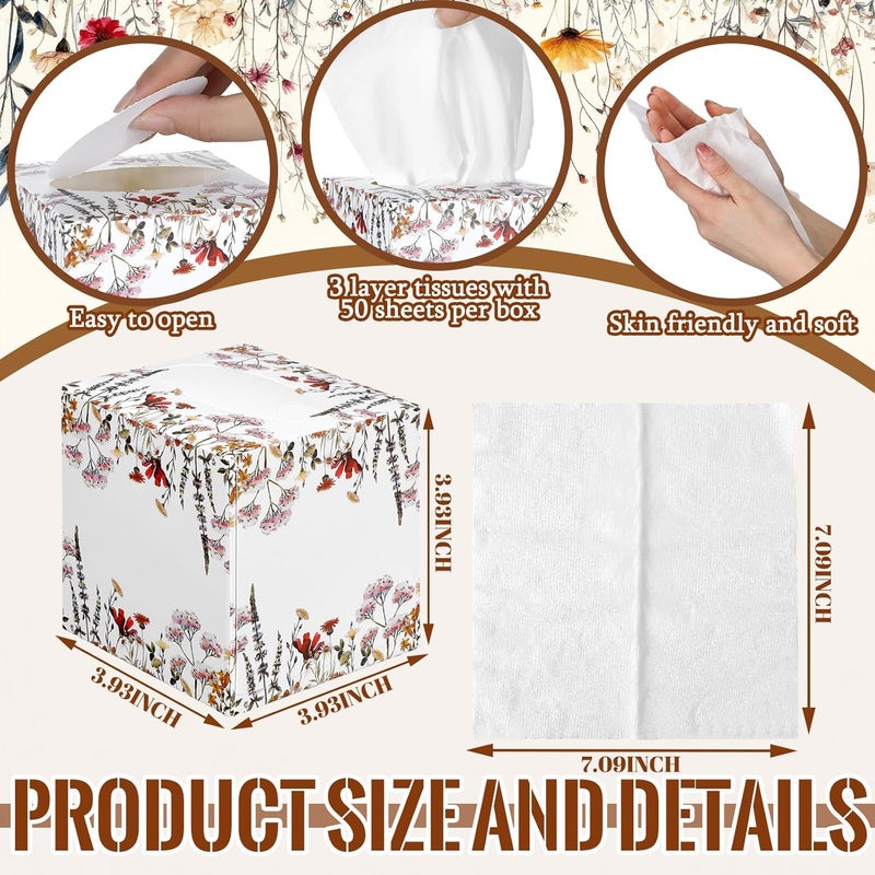 Fourluoo 12 Pack Fall Wildflowers Facial Tissues Cube Boxes 600 Sheets 3 Ply Autumn Small Floral Flower Square Face Tissues Bulk for Thanksgiving Day Car Bedroom Party Supplies - Image 3
